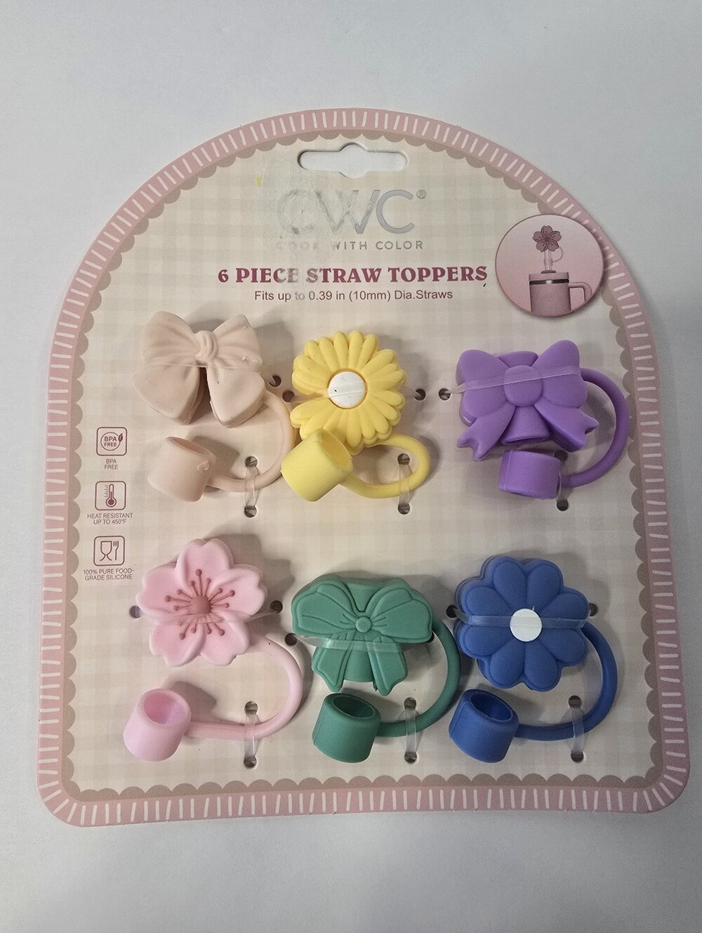 With Color Kids Floral & Bow Silicone Straw Toppers - Pastel Multi